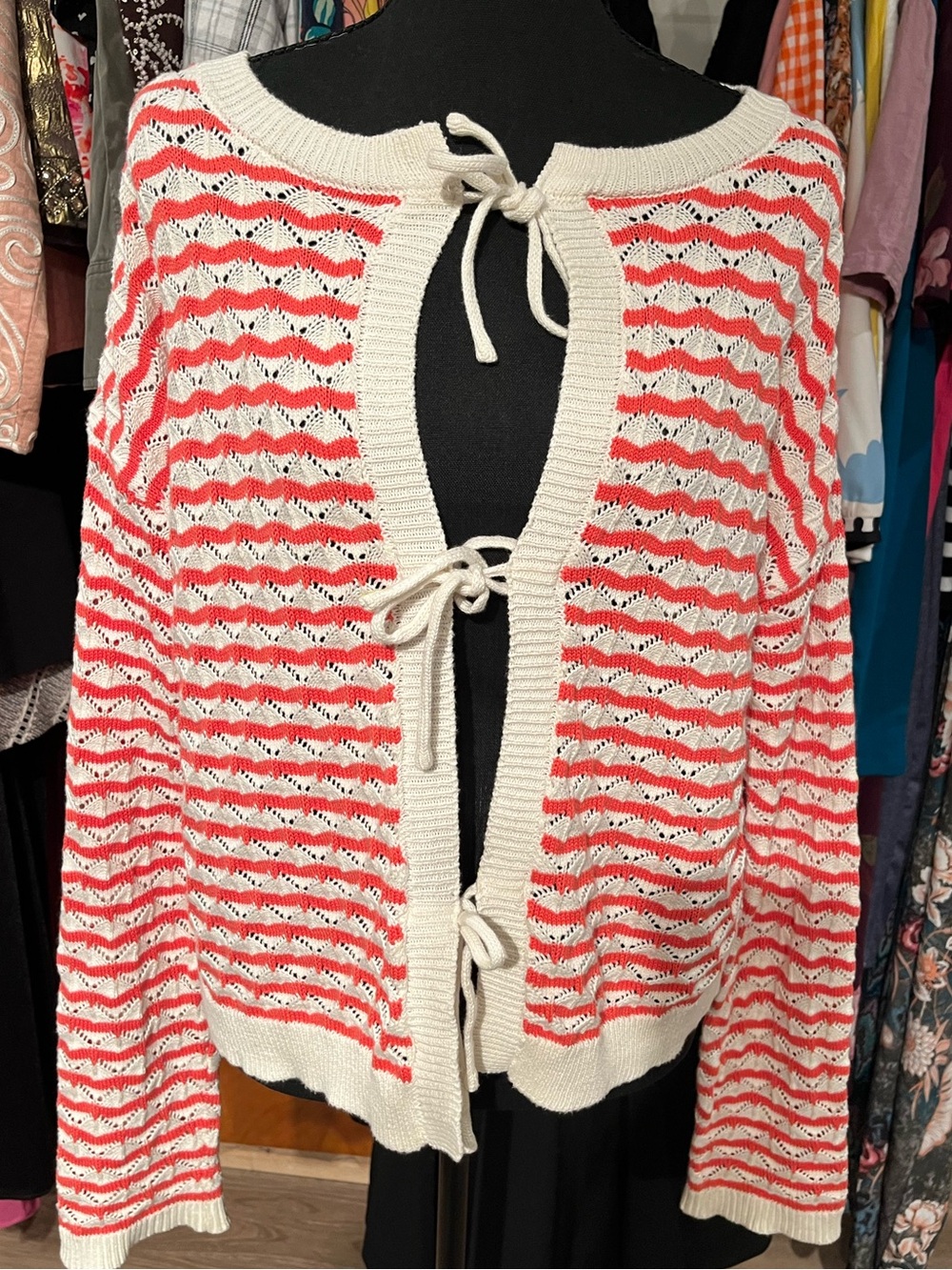 Open-Knit Coral and Cream Tie-Front Cardigan